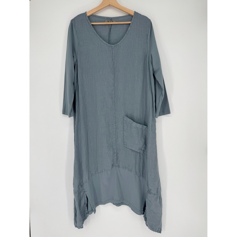 Flax Blue Linen Tunic Dress Sz S Sharkbite Hem Lagenlook Coastal Breathable Boho